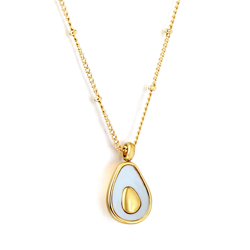 Gold-tone oval pendant necklace with white shell accent — elegant stainless steel jewelry by JSC Jewelry.