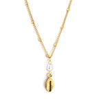 Gold lobster claw pendant necklace with white pearl on chain – minimalist stainless steel jewelry by JSC Jewelry.