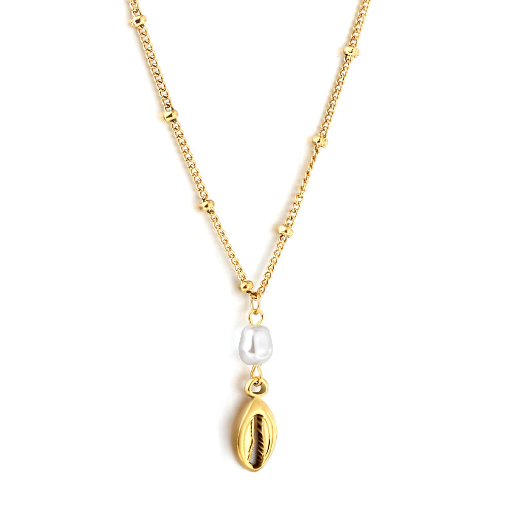 Gold lobster claw pendant necklace with white pearl on chain – minimalist stainless steel jewelry by JSC Jewelry.