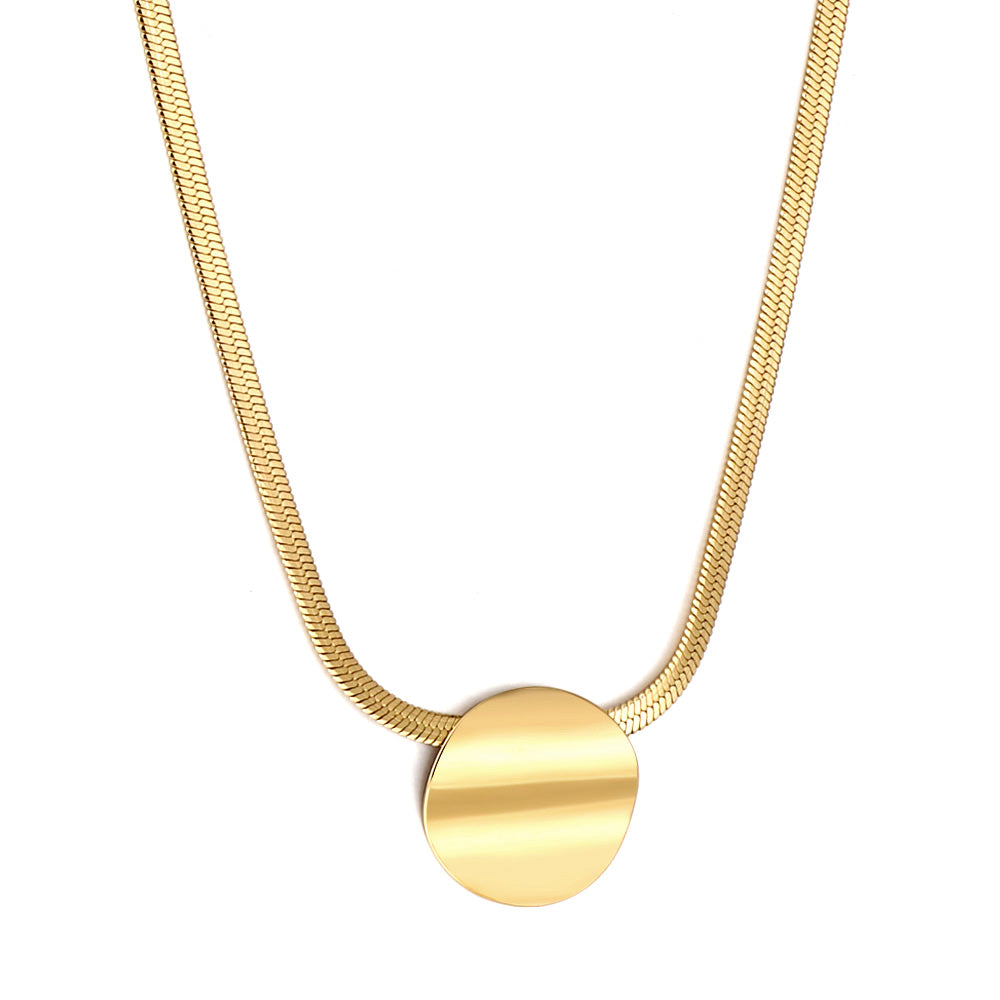 Gold round textured pendant necklace on adjustable chain – minimalist stainless steel jewelry by JSC Jewelry.
