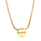Gold round textured pendant necklace on adjustable chain – minimalist stainless steel jewelry by JSC Jewelry.