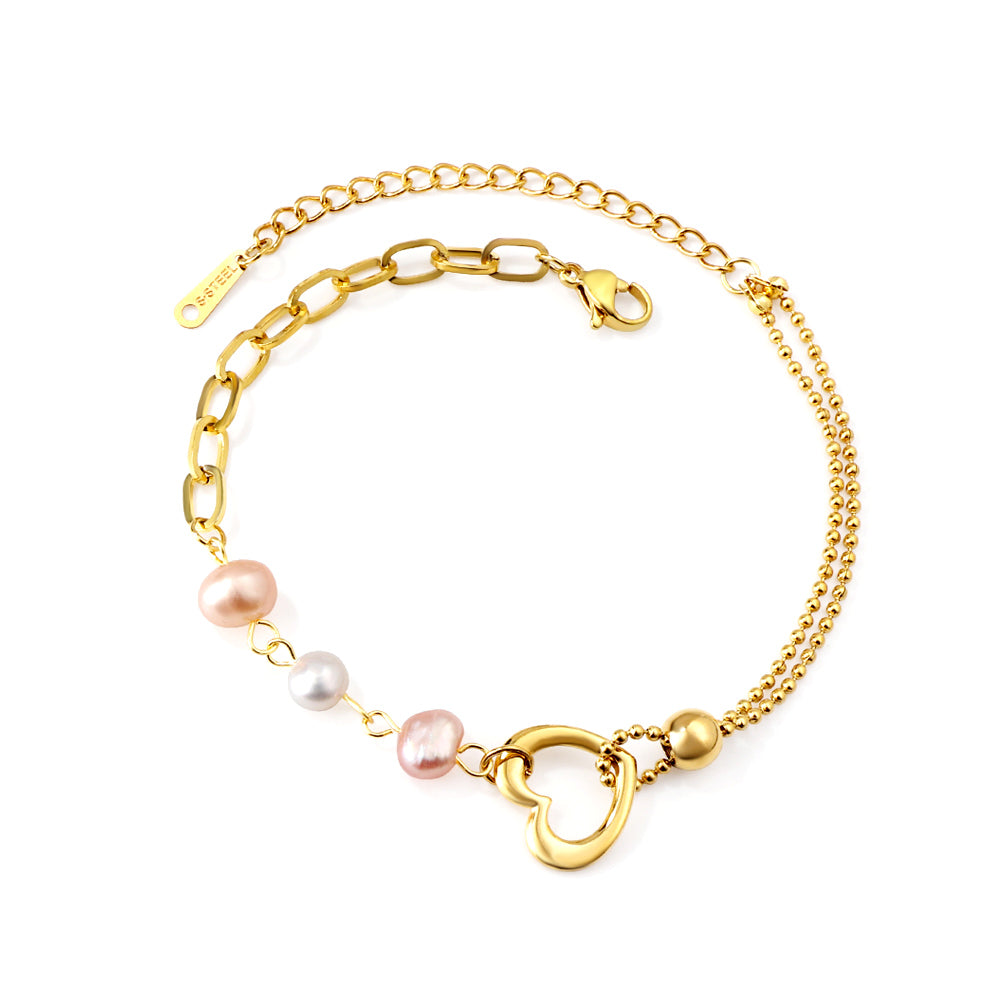 Mixed Color Pearls & Heart Beads Bracelet in gold, rose gold, or platinum-plated stainless steel, elegant and playful design for women