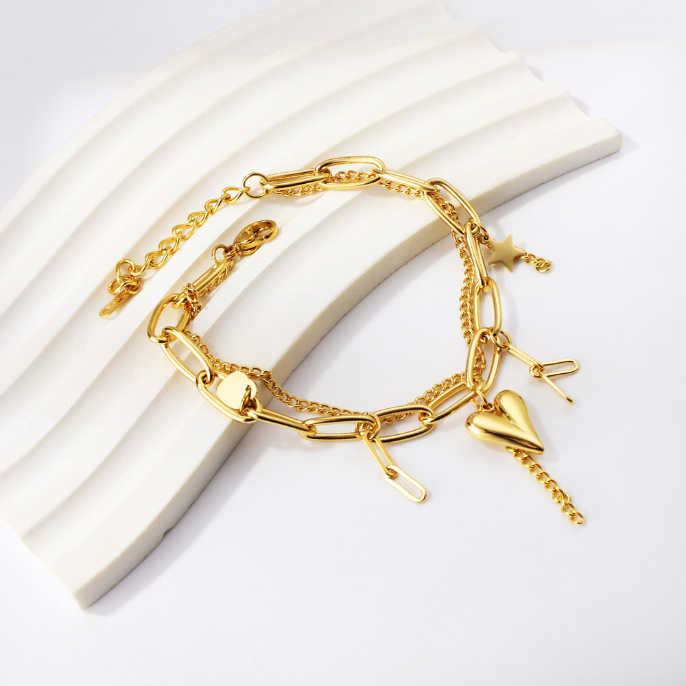 Bracelet double chaîne cœur et étoile 