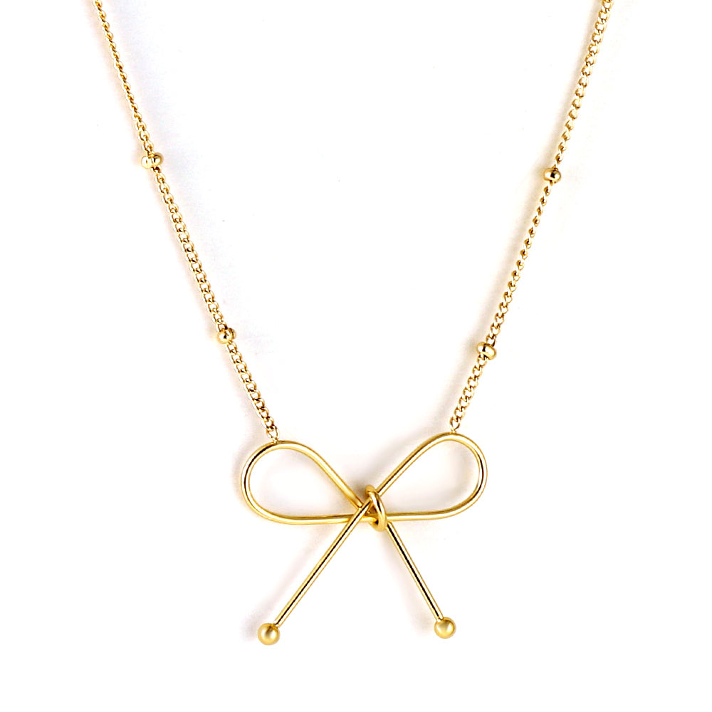 Delicate gold-tone stainless steel bow pendant necklace — elegant women’s jewelry by JSC Jewelry