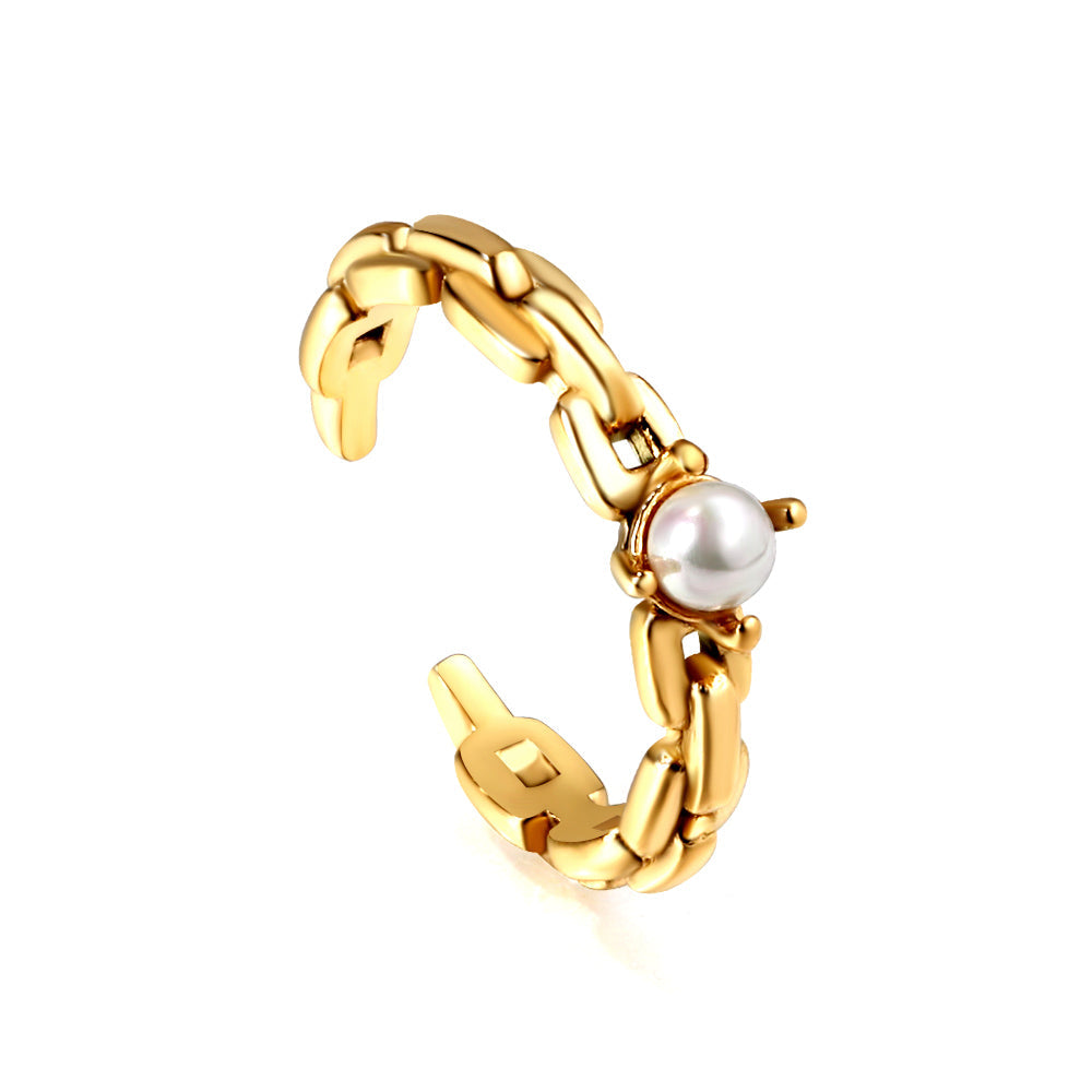 Freshwater Pearl Geometric Hollow Opening Ring in gold-plated stainless steel, elegant and modern design for women