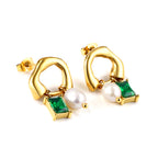 Green Diamond and White Pearl Half Circle Earrings – PVD gold-coated stainless steel, hypoallergenic, tarnish-resistant jewelry by The JCS Jewelry