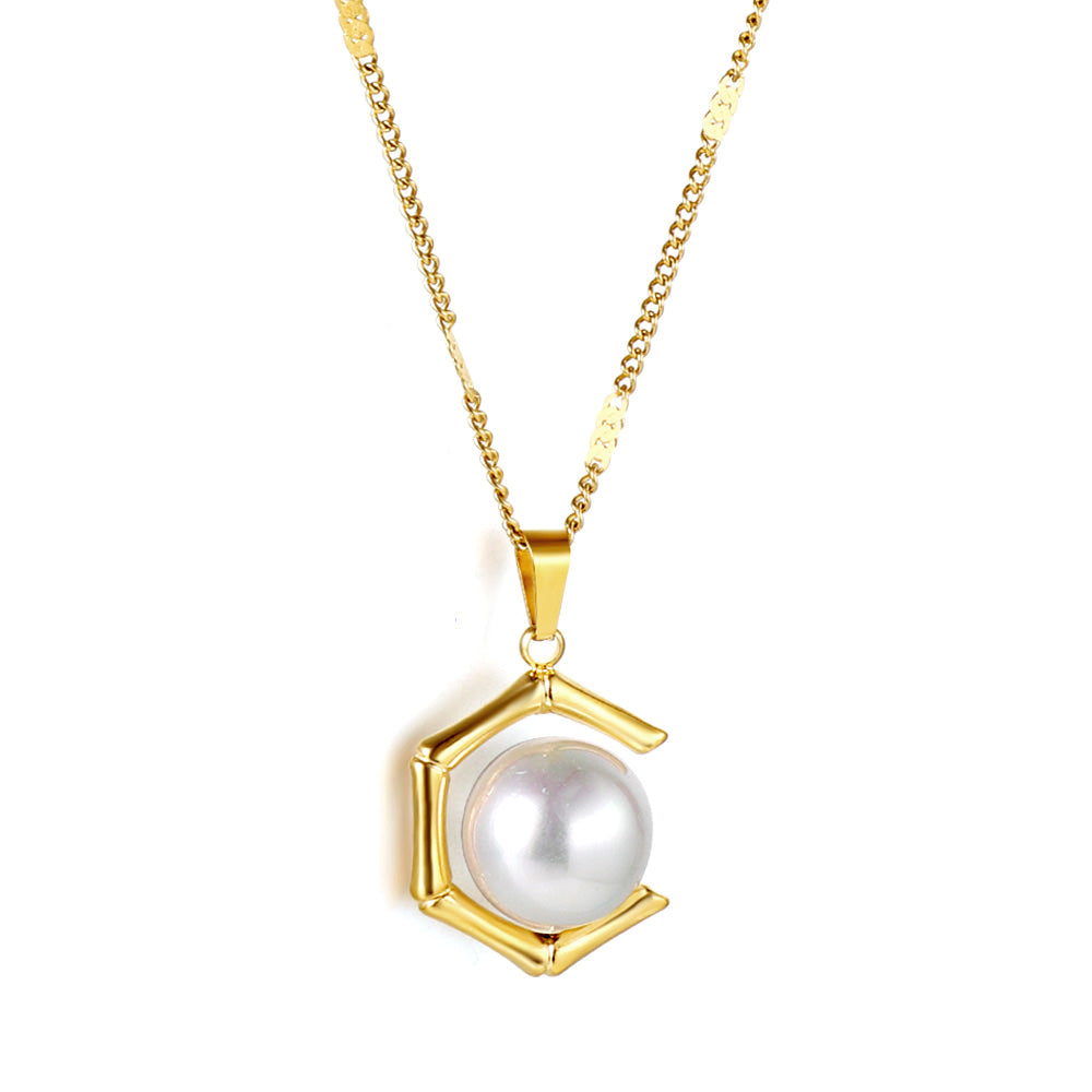 Pentagonal White Pearl Pendant Necklace