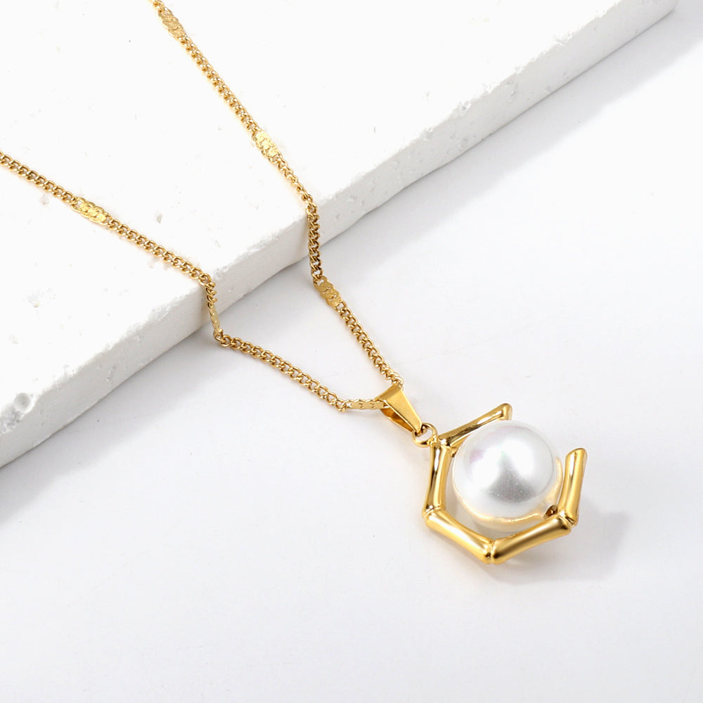 Pentagonal White Pearl Pendant Necklace