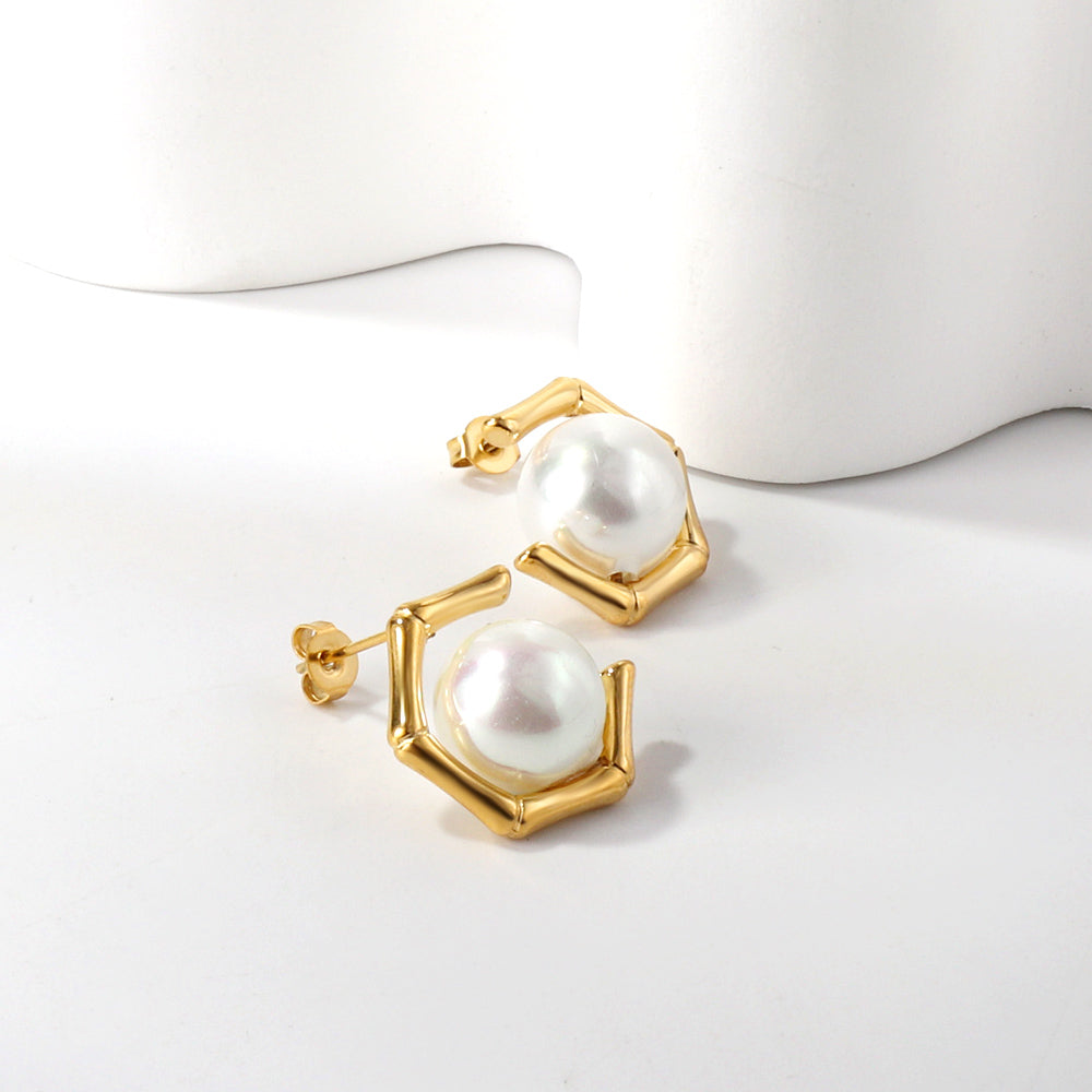 Pentagonal + White Pearl Earrings