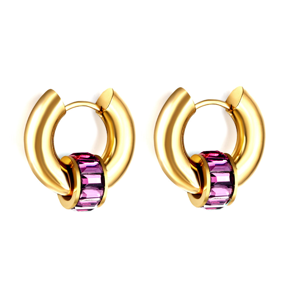 Purple Diamond Circle Earrings – gold-tone stainless steel design with purple gemstones, hypoallergenic and tarnish-resistant by The JCS Jewelry