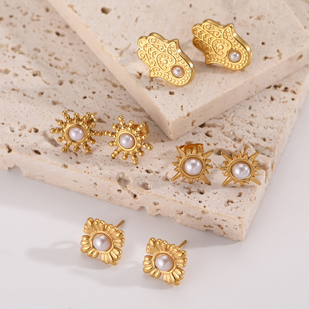 Vintage Gold Pearl Radiant Inlaid Earrings