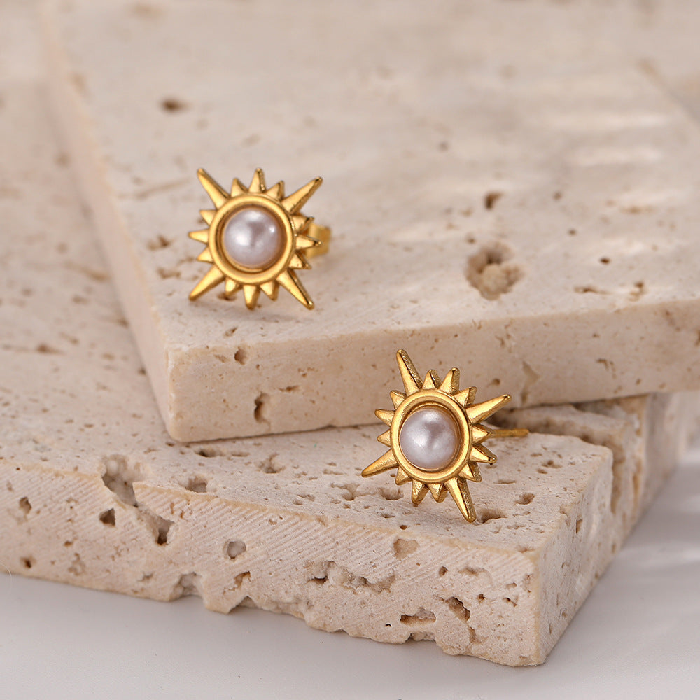 Vintage Gold Pearl Radiant Inlaid Earrings