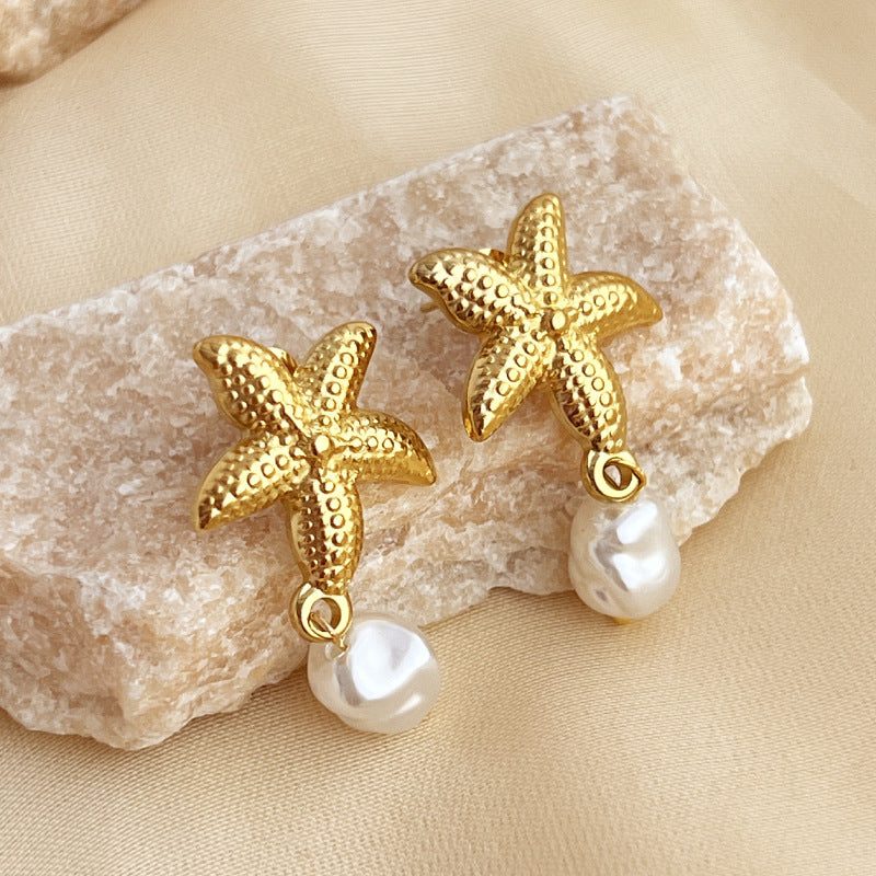 French Vintage Natural Pearl Drop Earrings – gold-tone stainless steel, hypoallergenic and tarnish-resistant seaside vacation jewelry by The JCS Jewelry.