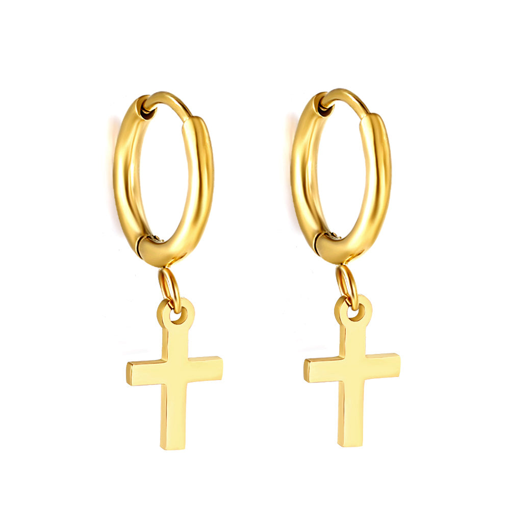 Eternal Cross Hoop Earrings by JCS Jewelry Paris – gold-tone PVD-coated stainless steel hoops with cross charm, hypoallergenic and tarnish-resistant.