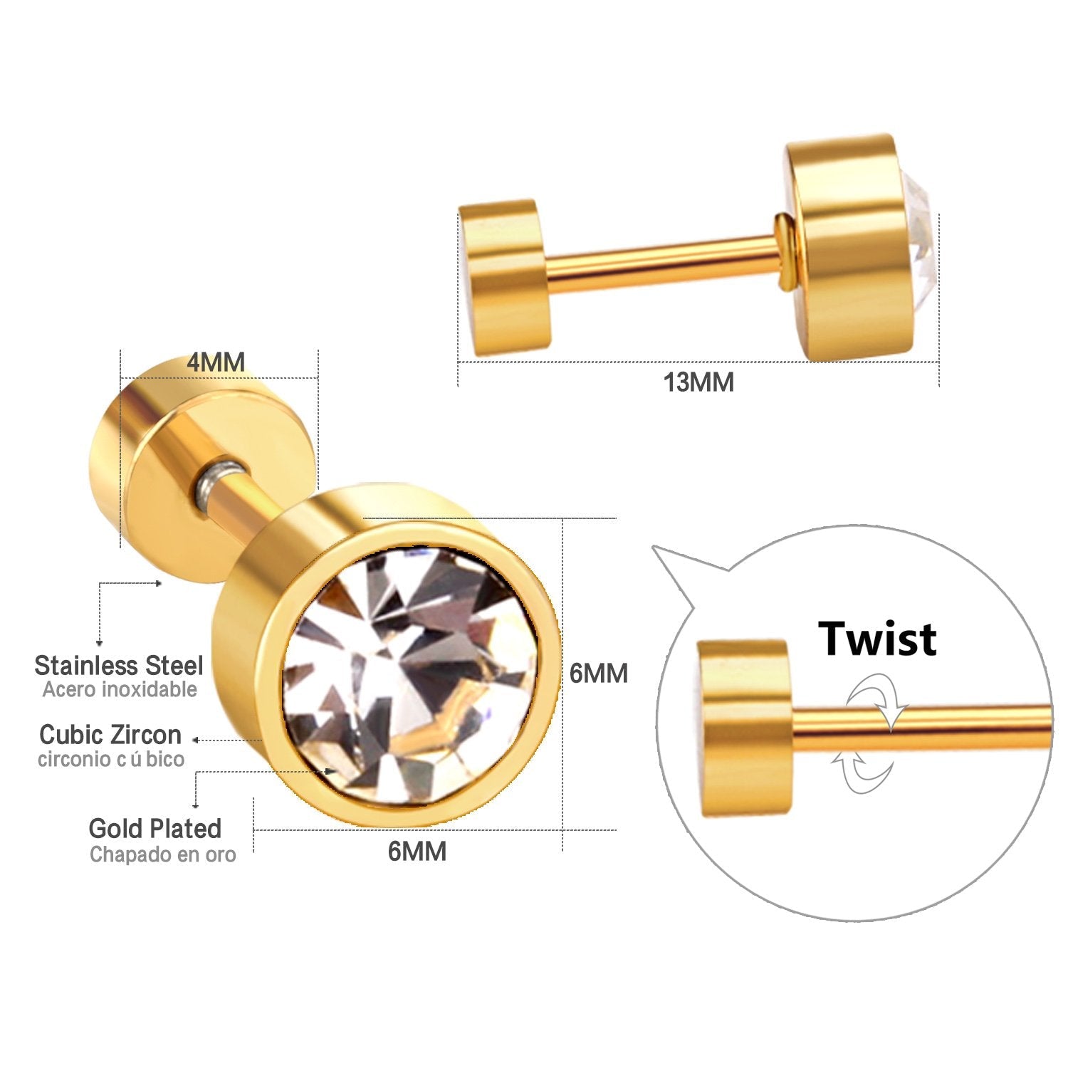 Set van 12 paar gouden oorbellen met schroefdeksel en zirkonia 