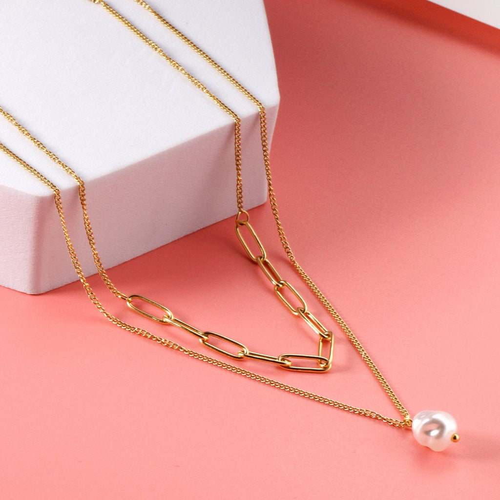 Double Chain Pearl Pendant Necklace