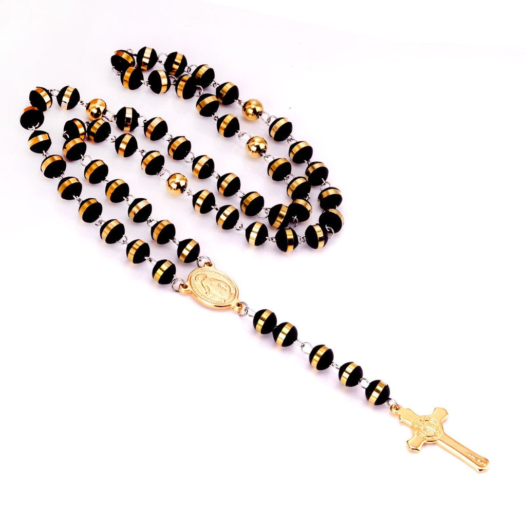 Gold-tone long scapular rosary cross necklace by JCS Jewelry — stainless steel, hypoallergenic, tarnish-resistant, and water-resistant.