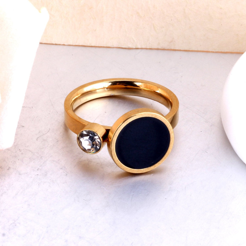Gold-Tone Black Stone Ring with Cubic Zirconia
