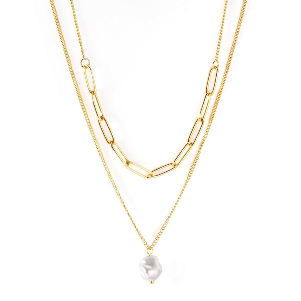 Gold-tone double chain necklace with single pearl pendant by JCS Jewelry — hypoallergenic, water-resistant, and tarnish-free.