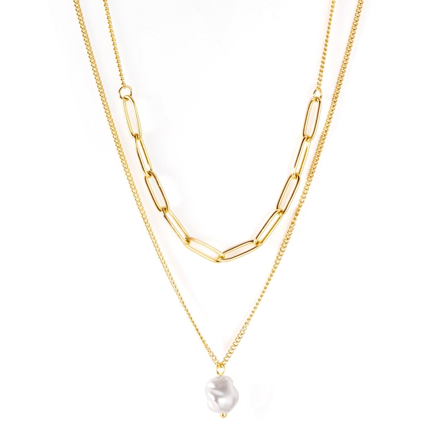Gold-tone double chain necklace with single pearl pendant by JCS Jewelry — hypoallergenic, water-resistant, and tarnish-free.