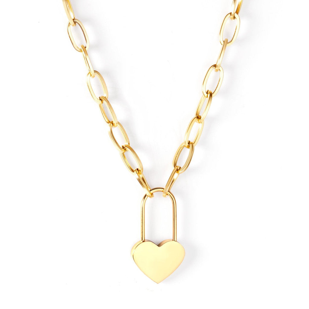 Chunky stainless steel chain necklace with a heart-shaped lock pendant — unisex statement jewelry by JSC Jewelry.