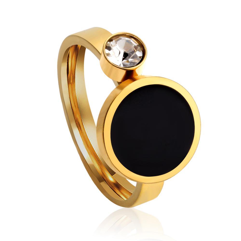 Gold-Tone Black Stone Ring with Cubic Zirconia