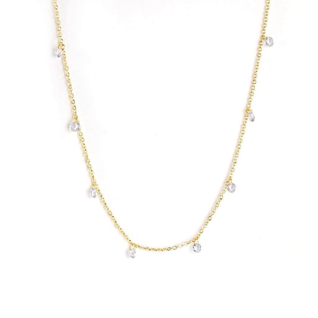 Gold stainless steel necklace with sparkling crystal pendant – minimalist jewelry by JSC Jewelry.