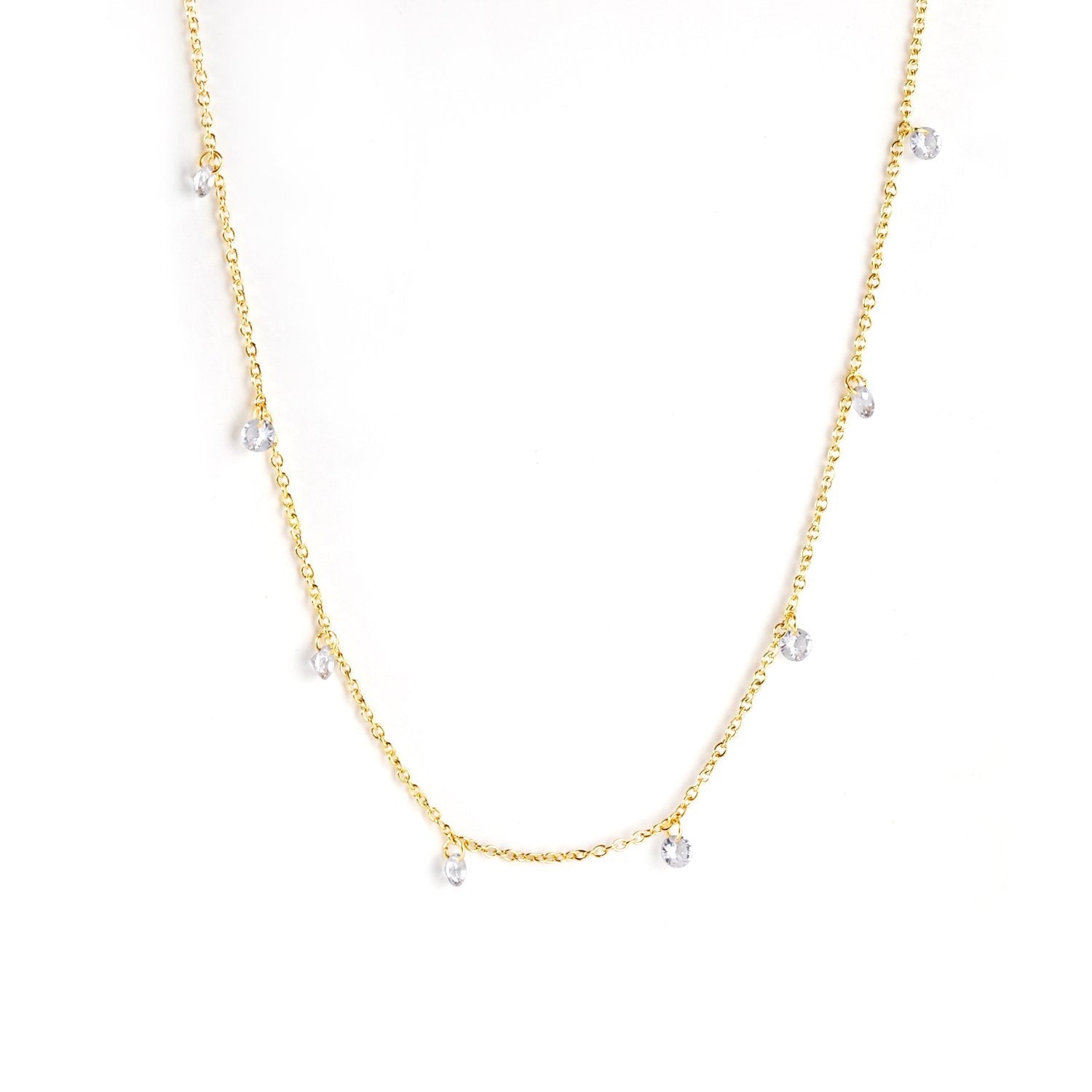 Gold stainless steel necklace with sparkling crystal pendant – minimalist jewelry by JSC Jewelry.
