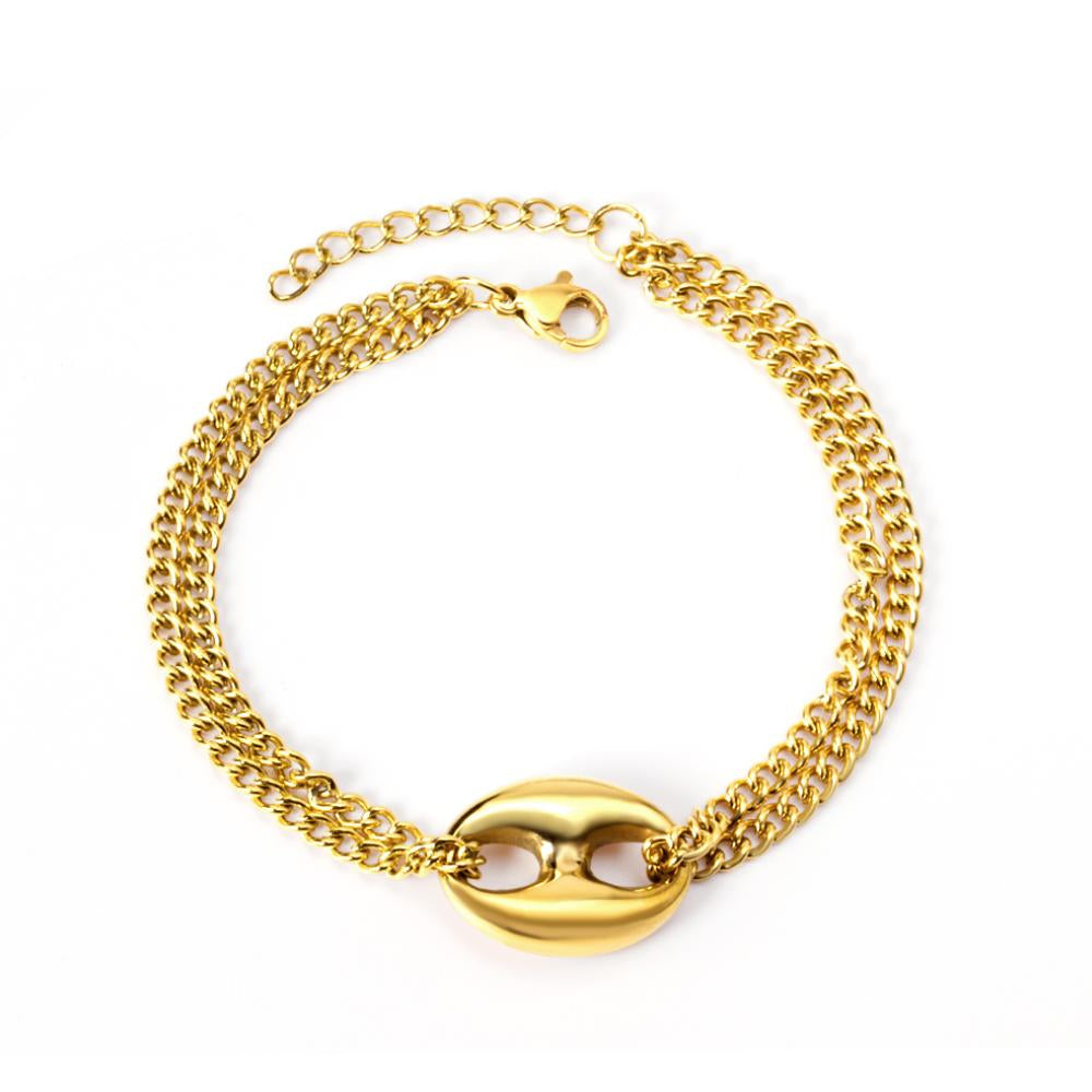 Charm Nose Connector Bangle in gold-plated stainless steel with adjustable extender, stylish and elegant design for women
